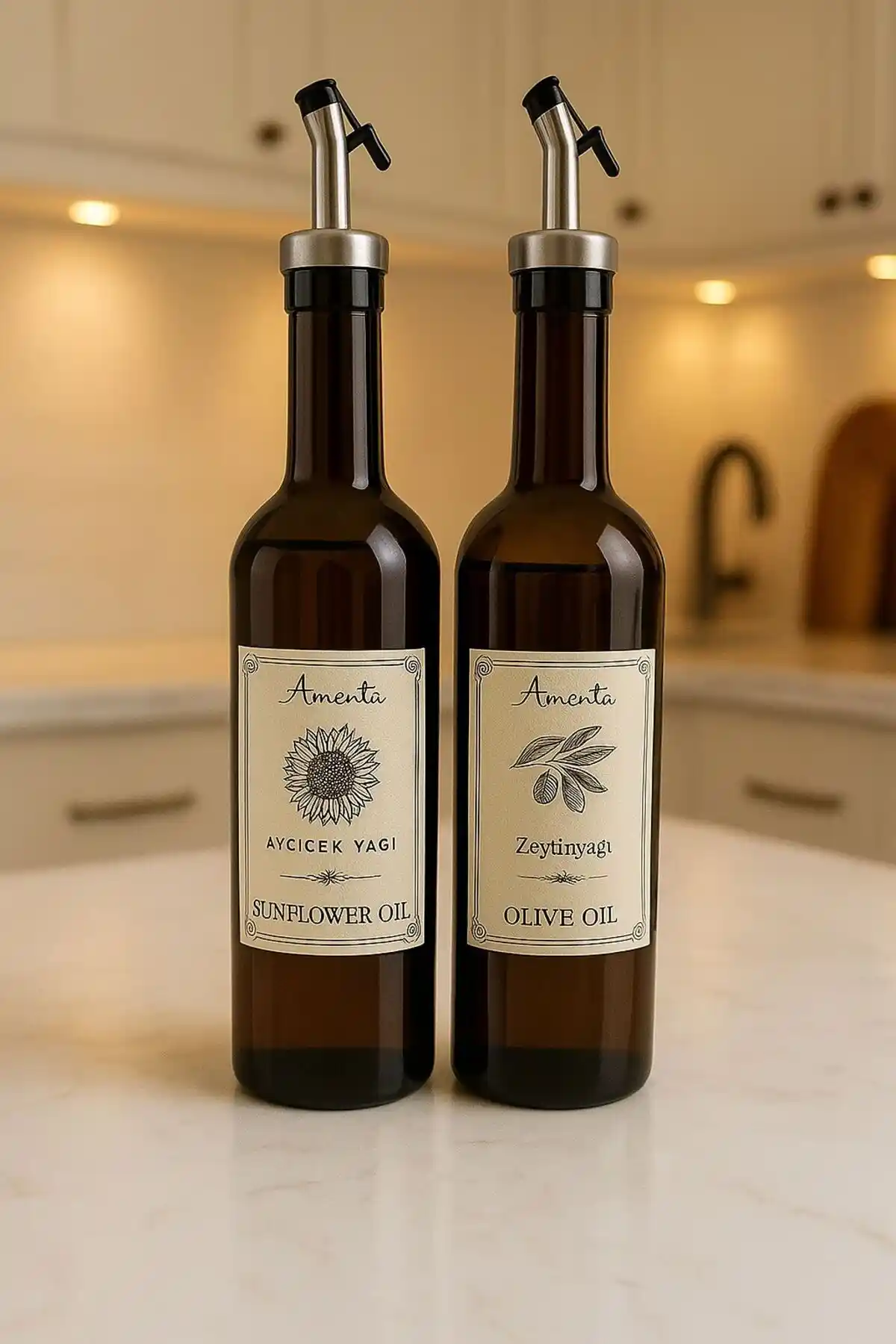 Amentes Amber 2'li 750 Ml Zeytinyağı ve Sıvıyağ Şişesi Seti Estetik ve Fonksiyonellik