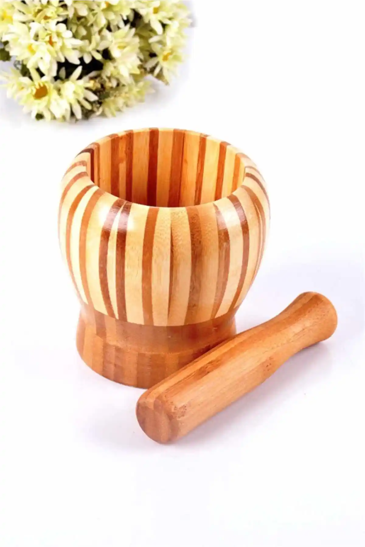 Bambu Malzemeden Üretilmiş Estetik ve Dayanıklı Ceviz ve Sarımsak Ezici Havan