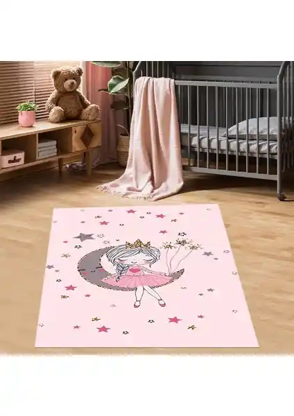 Bona Fortuna Ayda Oturan Kız Desenli Yılzlı Halı Çocuk Odası Dekorasyonu İçin Uygun