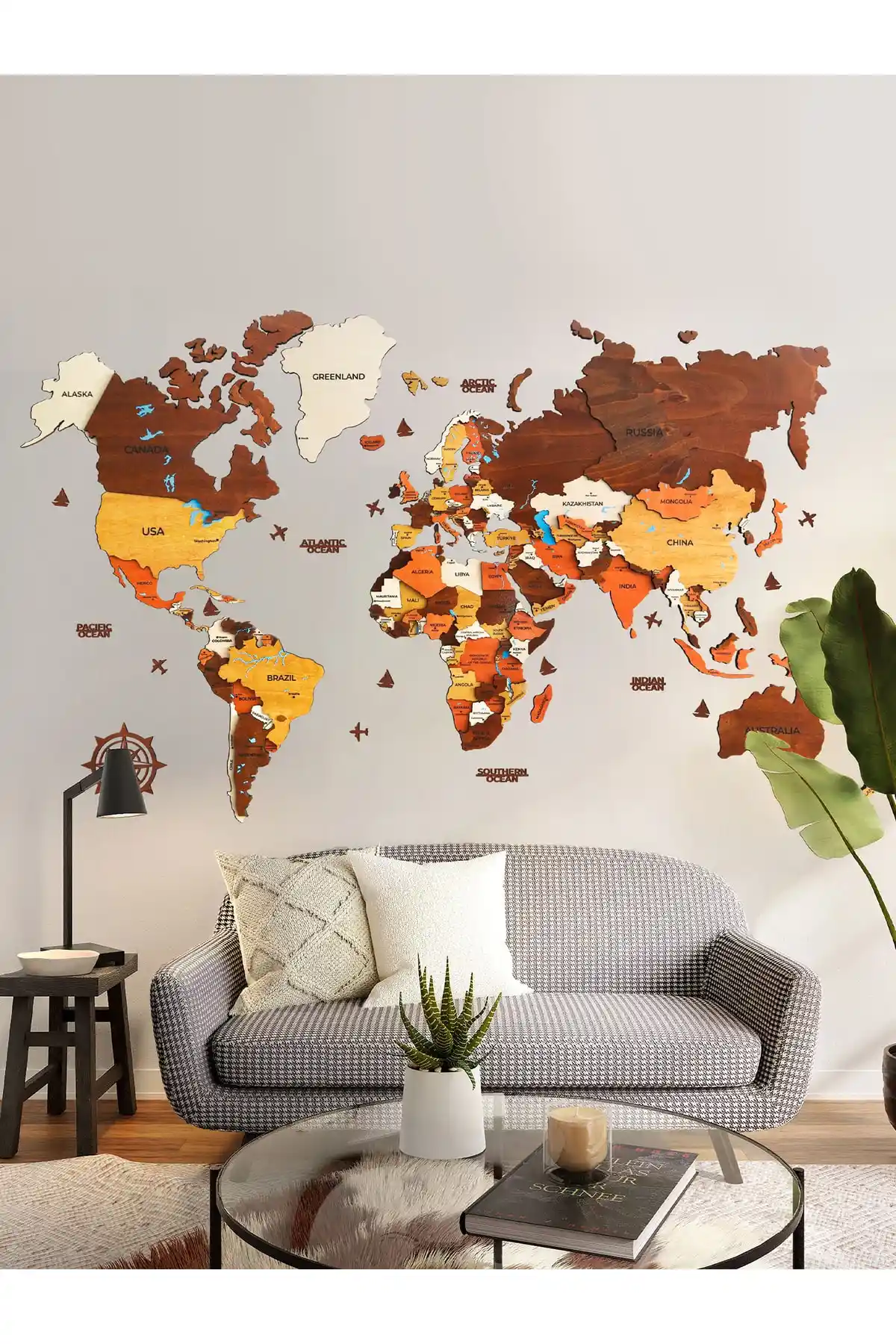 Crowart Ahşap Dünya Haritası Modern Tasarım ve Doğal Malzeme Kullanımıyla Dekorasyonda Fark Yaratır