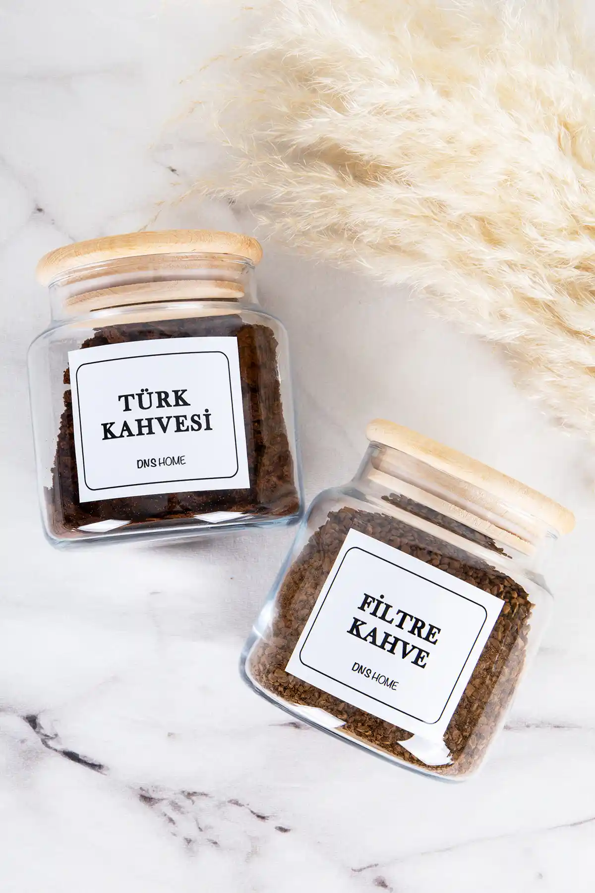 DNS HOME 2'li Ahşap Vakum Kapaklı Cam Saklama Kabı Türk Kahvesi ve Kahve İçin