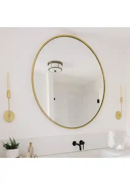 Effe Yapı Dekor Altın Renk Metal Çerçeveli 100 cm Yuvarlak Ayna Modern Tasarım