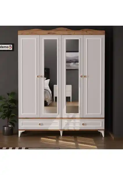 EVDEMO Nova 4 Kapaklı 2 Çekmeceli Aynalı Gardırop Atlantik Çam Renkli Modern Tasarım