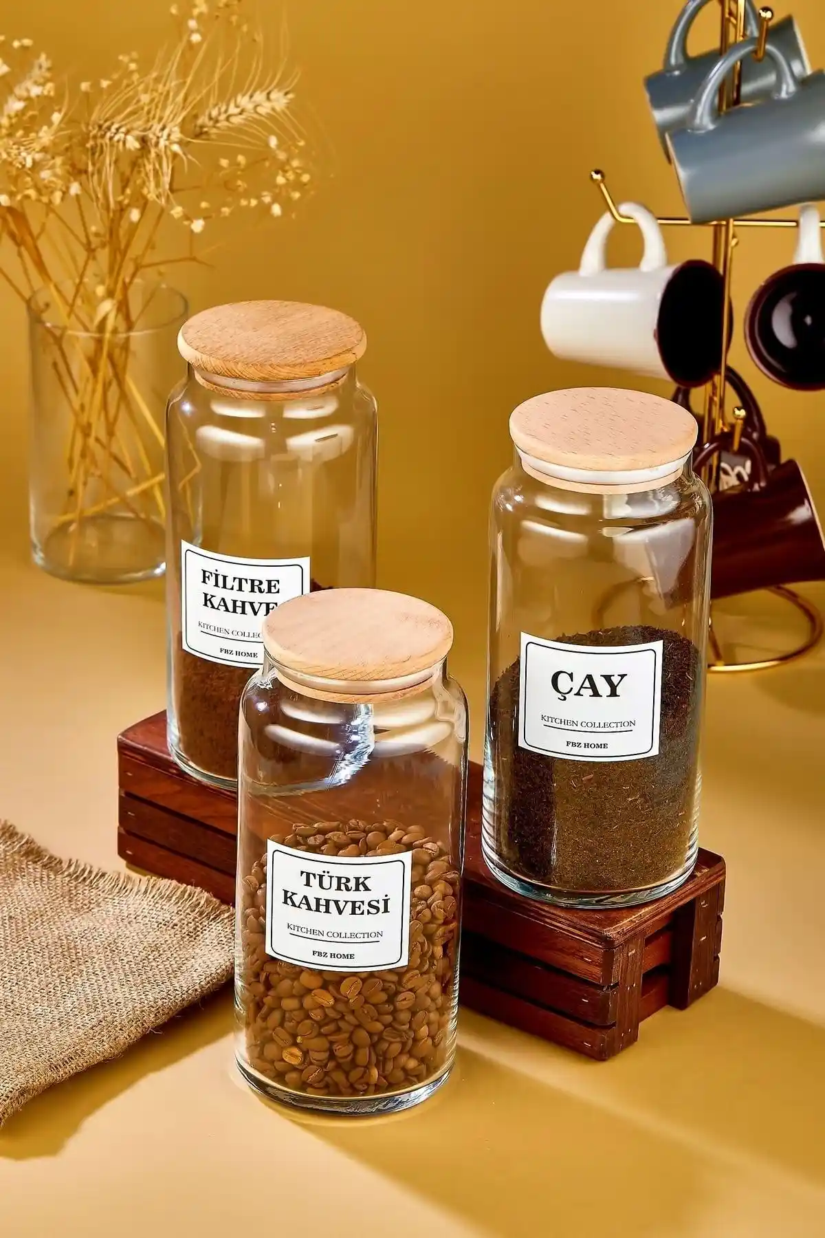 FBZhome 3'lü Ahşap Kapaklı Cam Kavanoz Seti Kahve ve Çay Saklama İçin Uygun