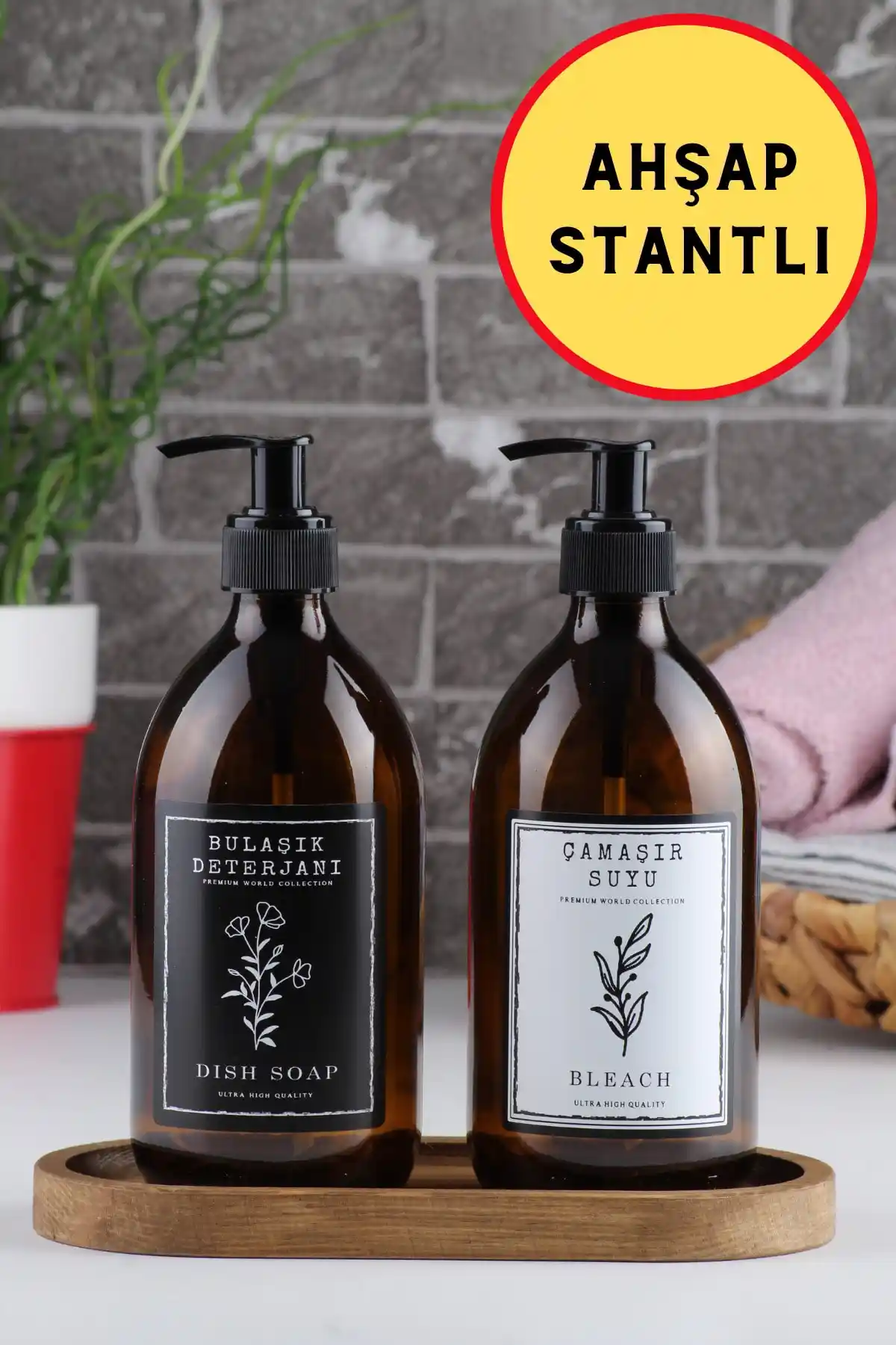 İncili Home Ahşap Stantlı Amber Cam Temizlik Şişeleri Seti - Estetik ve Fonksiyonel Tasarım