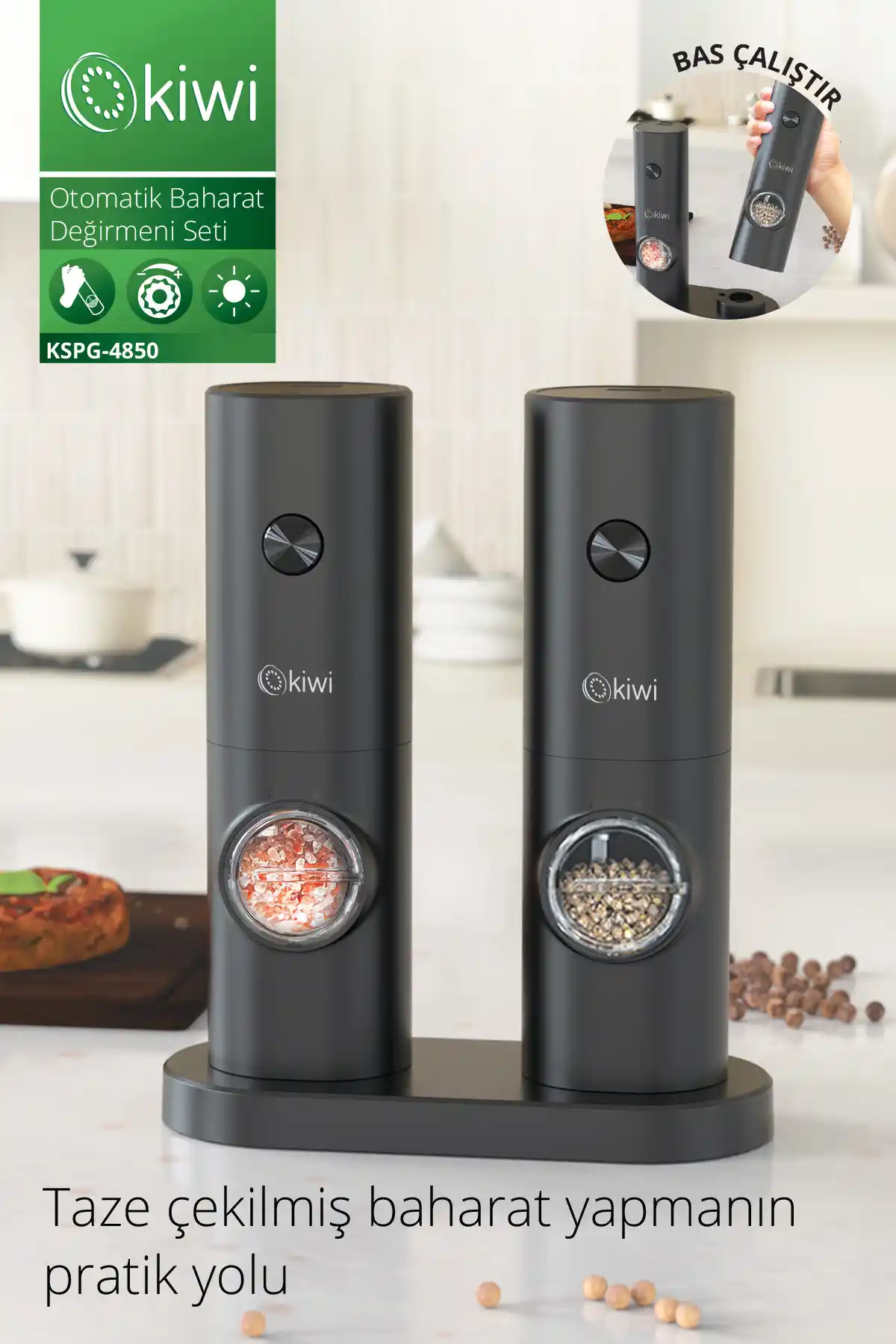 Kiwi Pilli Işıklı Tuz Karabiber Değirmeni Modern ve Kullanışlı Tasarımıyla Mutfakta Pratiklik Sunar