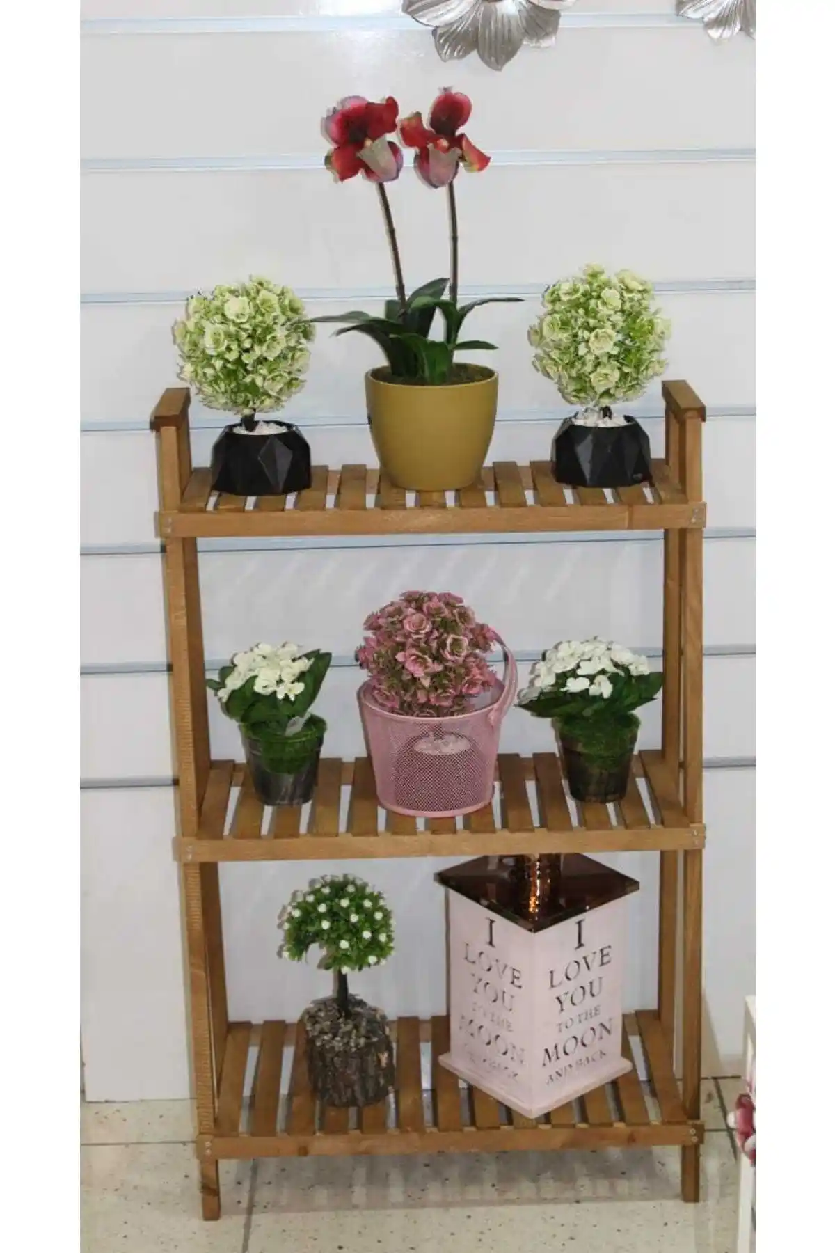 KOVANCI 3 Katlı Ahşap Ceviz Rengi Çiçeklik ve Saksılık Dekoratif Çözüm