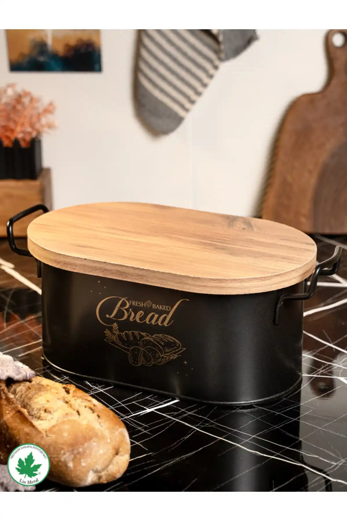 Lin Metal Ahşap Kapaklı Tel Kulplu Metal Ekmeklik: Dayanıklı ve Şık Mutfak Depolama Çözümü