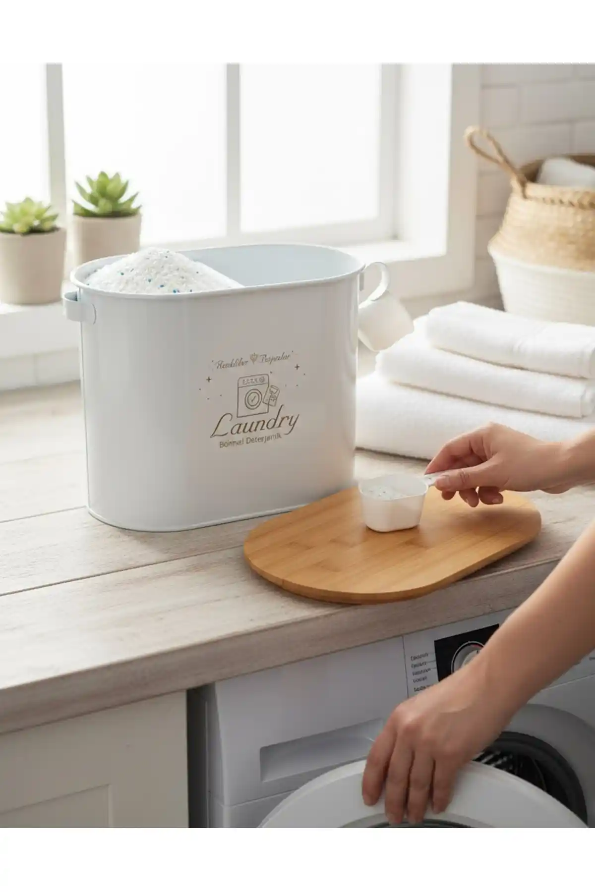 Modern Bambu Kapaklı Metal Bölmeli Toz Deterjanlık Saklama Çözümü 90 karakter