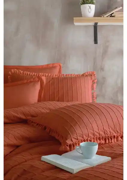 Nordqueen %100 Pamuk Çift Kişilik Püsküllü Nevresim Seti Estina Kiremit Renkli Şık Tasarım