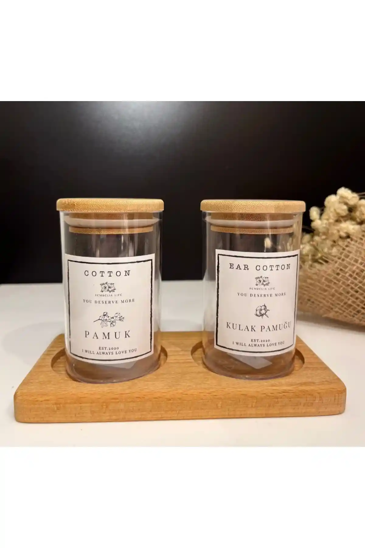 Pembelia Life Ahşap Standlı Kulak Çubuğu Kavanozu Estetik ve Kullanışlı Tasarım