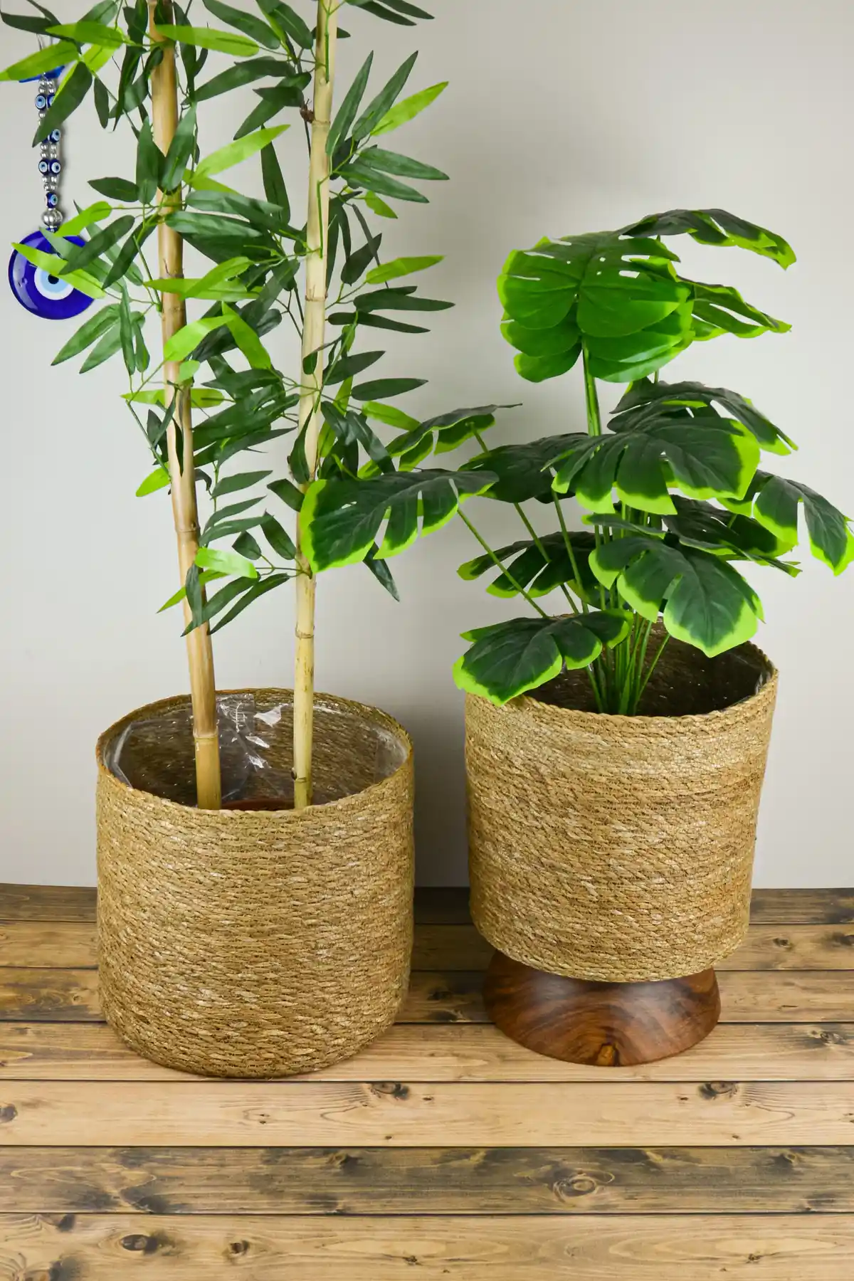 SepetçiBaba Carin Dekoratif Doğal El Örmesi Hasır Saksı Seti İç Mekan ve Dış Mekan Kullanımı