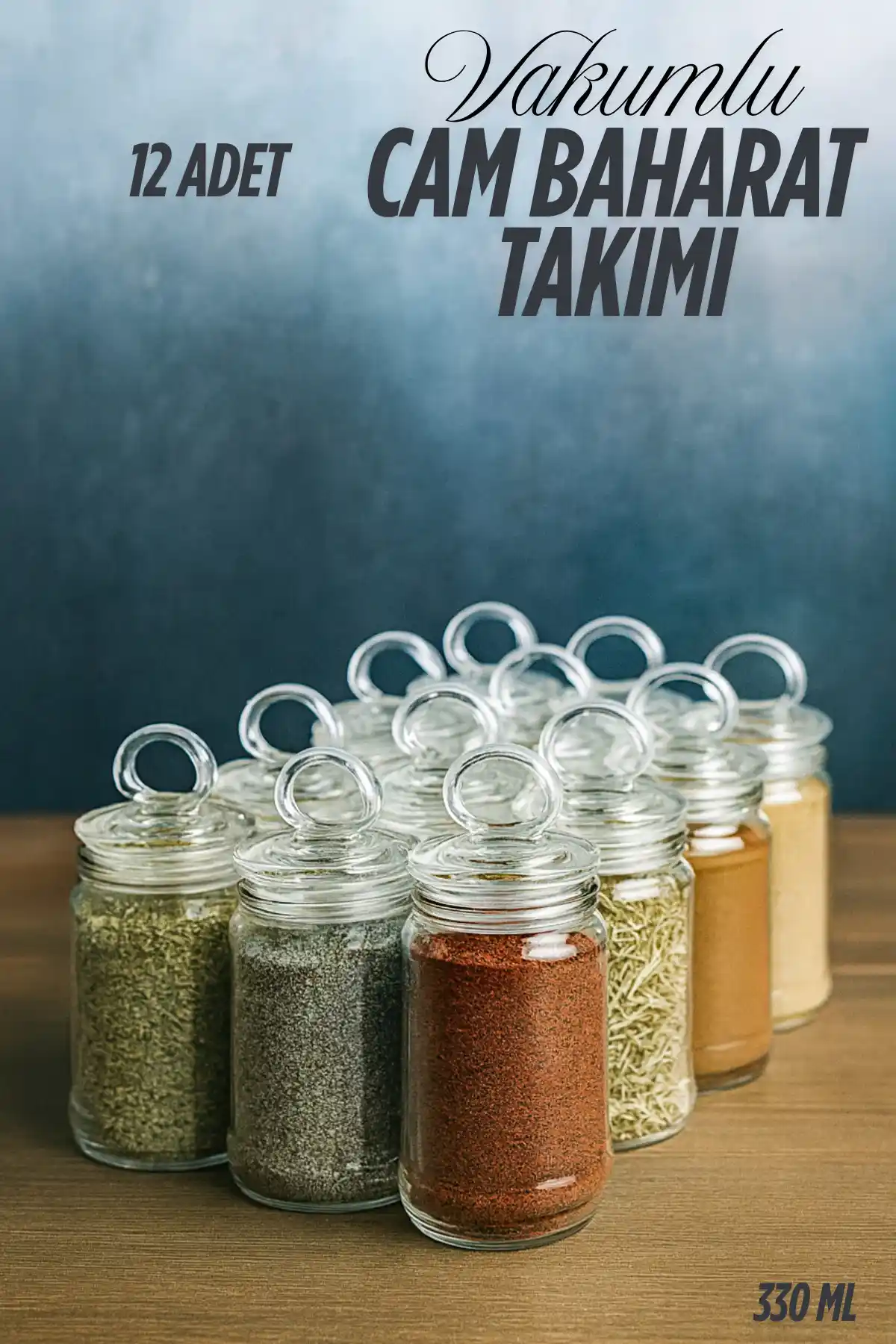 Serin Bardak 12'li Vakumlu Cam Baharat Takımı - Şık ve Fonksiyonel Mutfak Saklama Çözümü