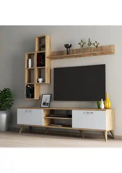 Tanmob Mega 180'li Kitaplıklı Raflı TV Ünitesi Çam-Beyaz Modern Tasarım
