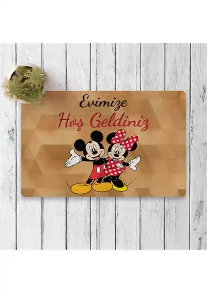 Vagonik Mickey ve Minnie Mouse Temalı 50x70cm Dekoratif Çok Amaçlı Kapı Paspası