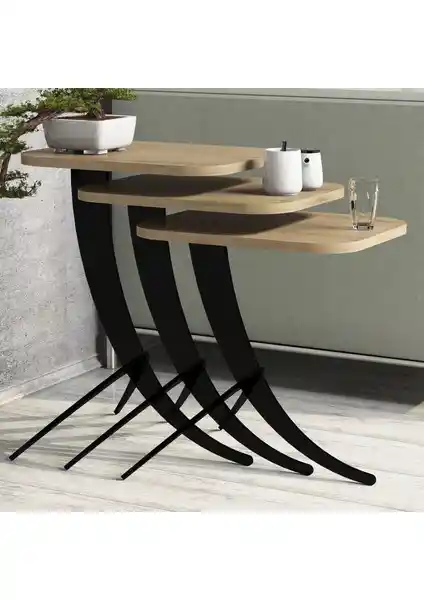 Variant Pion Metal Ayaklı 3 Lü Zigon Sehpa Meşe Rengi Modern ve Dayanıklı Tasarım