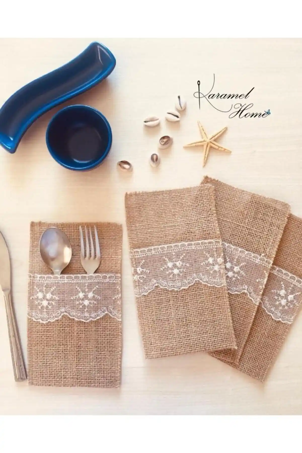 BiDünya El Yapımı Jüt Kumaş 12'li Kaşıklık Seti Doğal ve Şık Masa Dekorasyonu İçin