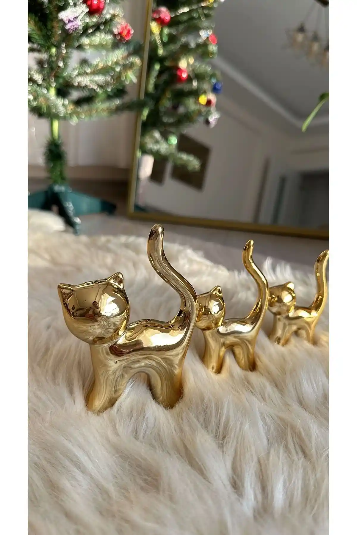 Bohem Tarzıyla Uyumlu 3'lü Gold Kedi Biblo Seti Ev Dekorasyonu İçin Ideal