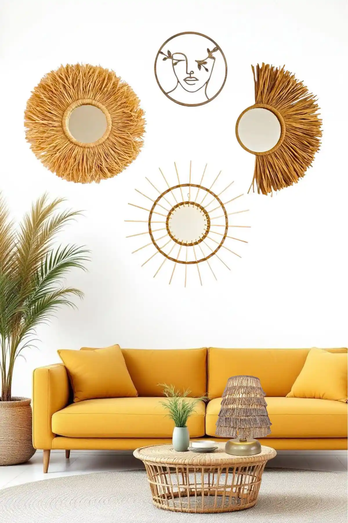 Bubihome Koyu Hardal Rafya Bambu Ayna ve Bohem Pano 4'lü Set Modern ve Estetik Dekorasyon