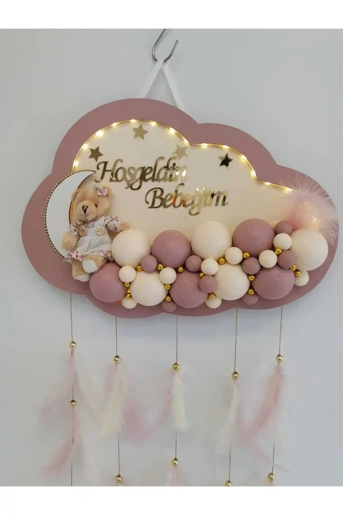 Çocuk Odası Dekorasyonu İçin Ahşap Kapı Süsü Ledli Bubble Ayıcıklı Pano