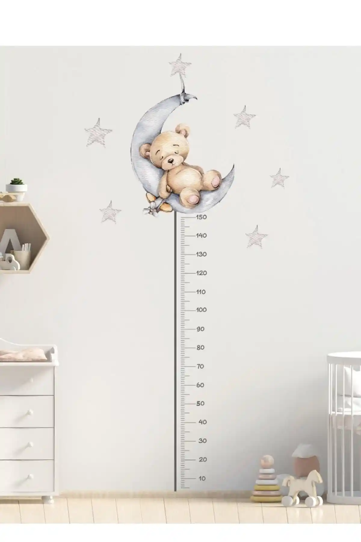 Çocuk Odası İçin Renkli ve Dayanıklı Sevimli Uykucu Ayıcık Boy Ölçer Duvar Stickerı