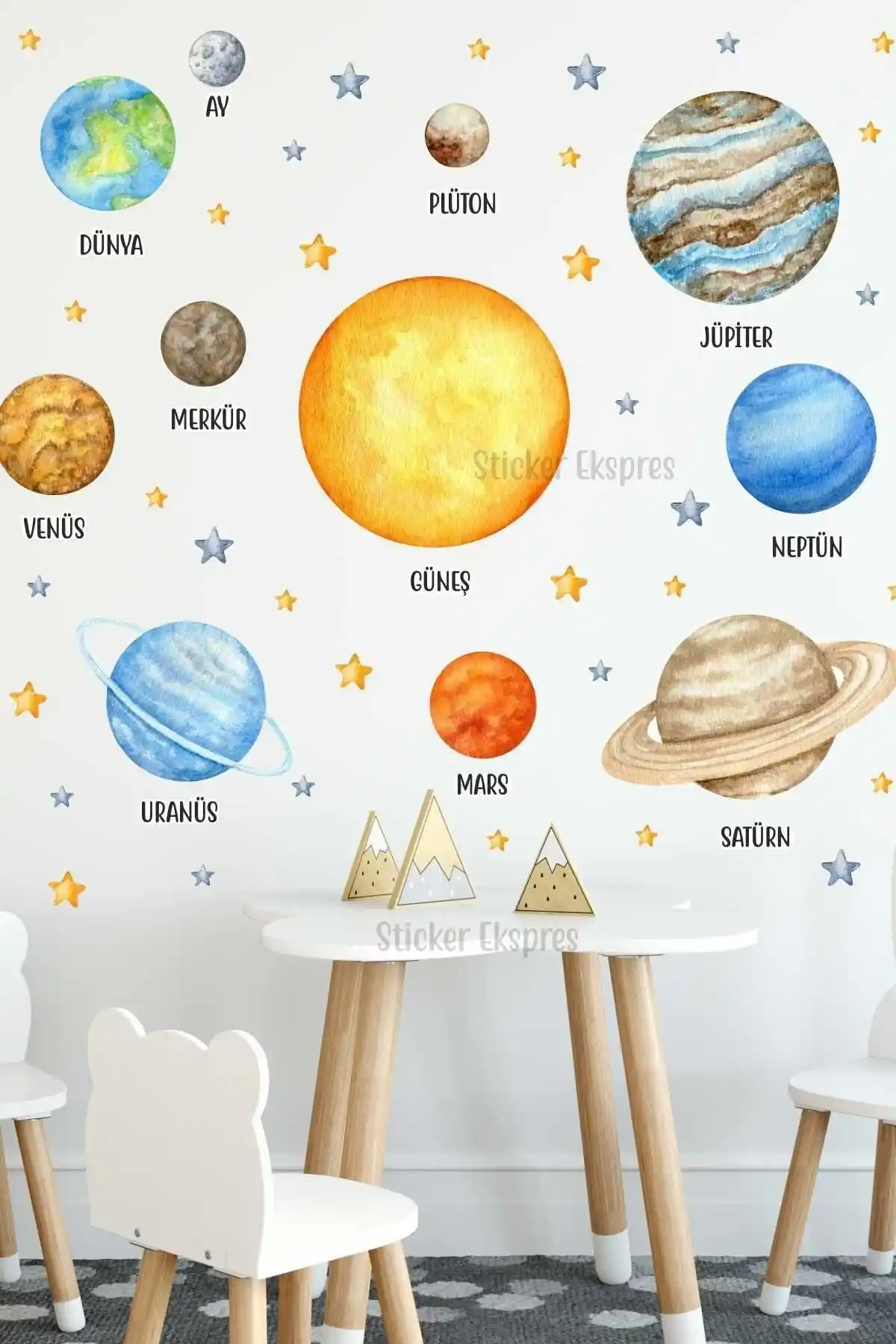 Çocuk Odası İçin Renkli ve Eğitici Gezegenler ile Yıldızlar Duvar Sticker Seti