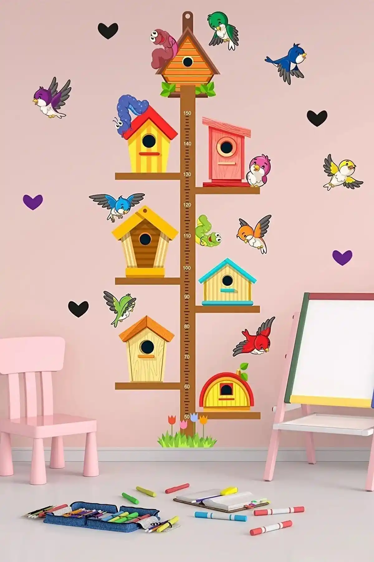 Çocuk Odası İçin Renkli ve Eğlenceli Sevimli Kuş Evleri Duvar Stickerleri Seti