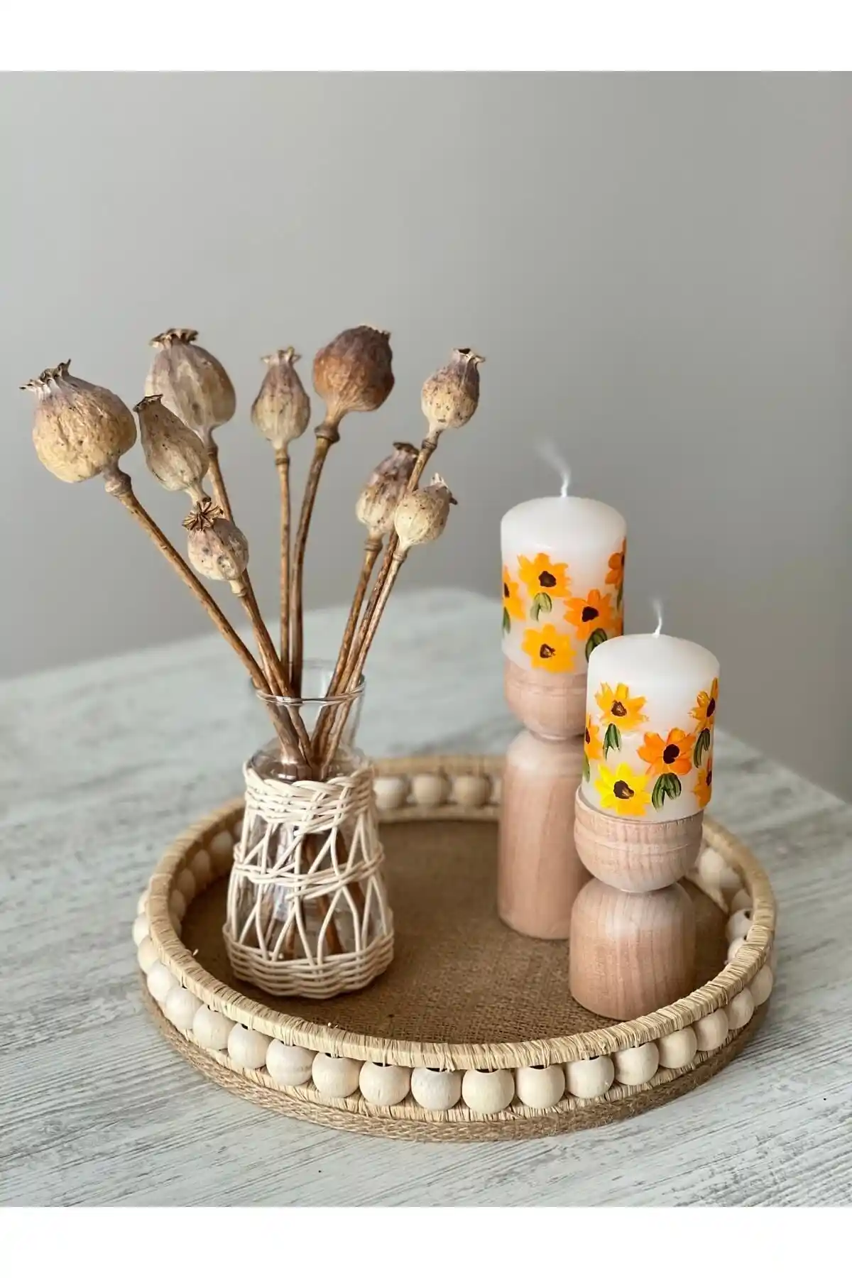 DEKOLOBİ Ahşap Boncuklu Dekoratif Tepsi Doğal ve Bohem Tarzıyla Şıklık Sunar