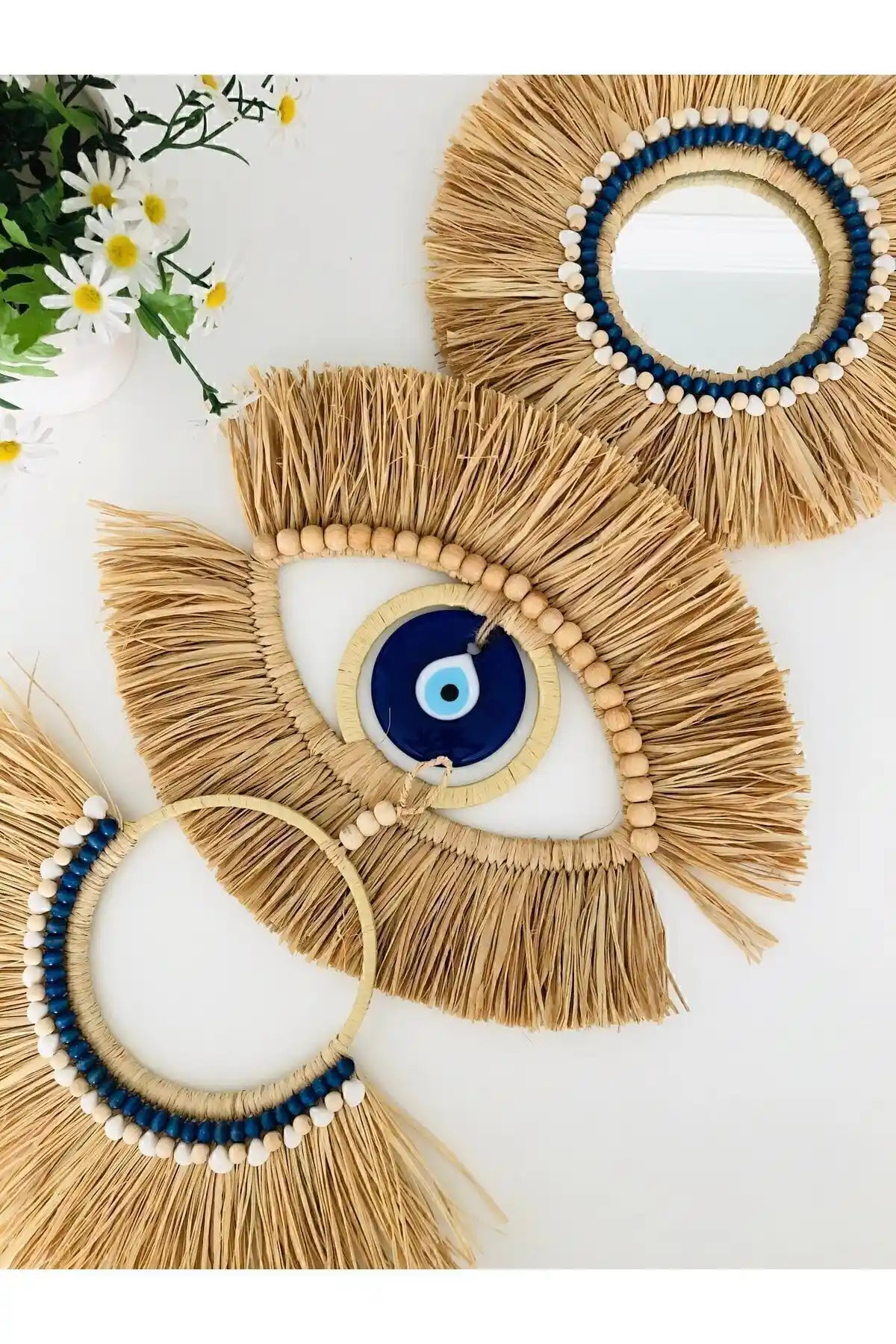 Doğal Muz Lifi Cam Nazar Boncuklu Dekorasyon Seti Modern ve Şık Tasarım