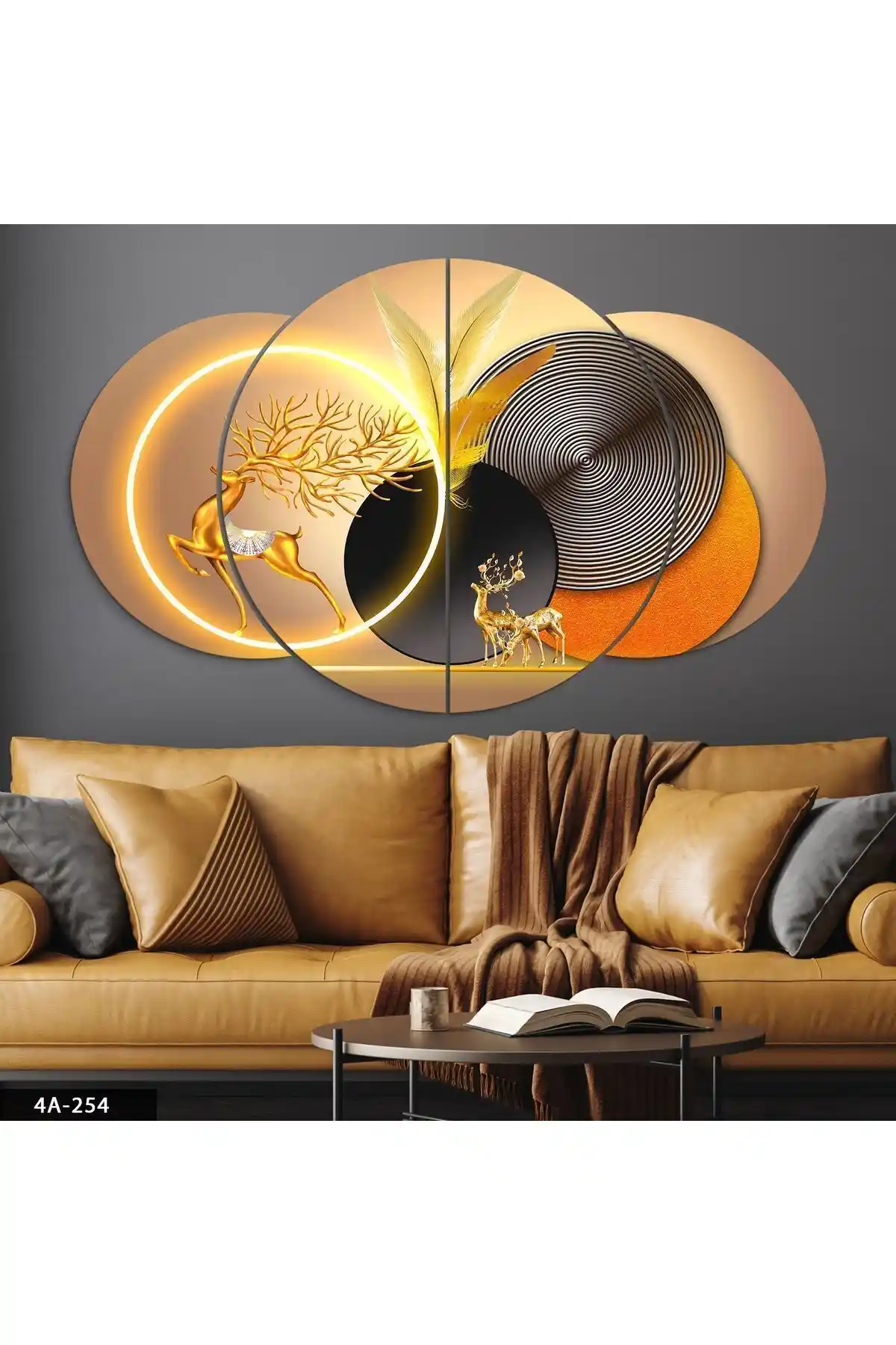 Evinemoda Gold Geyik Geometrik Desenler 4 Parça MDF Tablo Modern Dekorasyon İçin