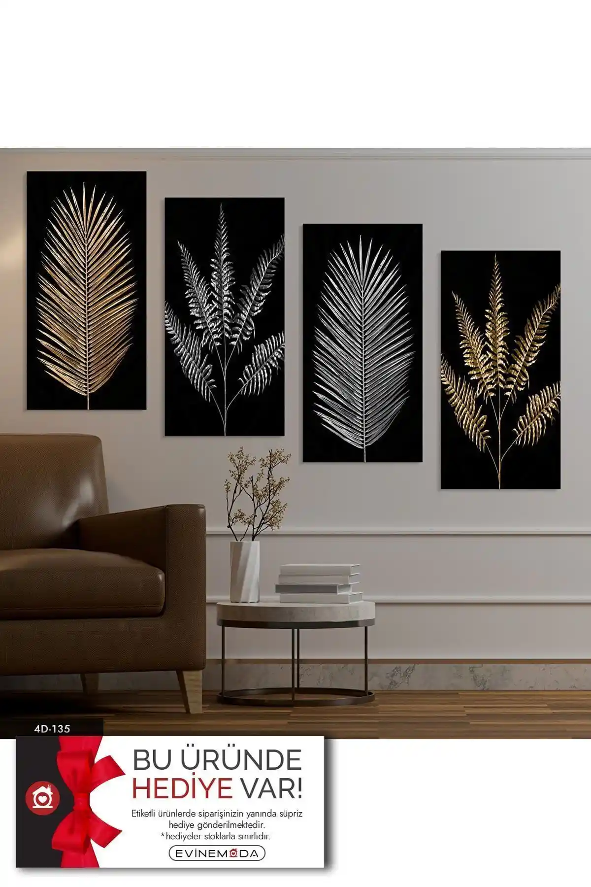 Evinemoda Gold Güüş Yaprak Desen 4 Parçalı MDF Tablo Modern ve Doğa Temalı Dekorasyon Ürünü