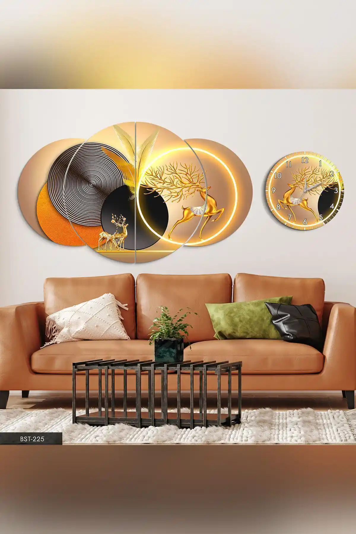 Evinemoda Saat Tablo Seti Gold Geyik Geometrik Desenler Modern Duvar Dekoru