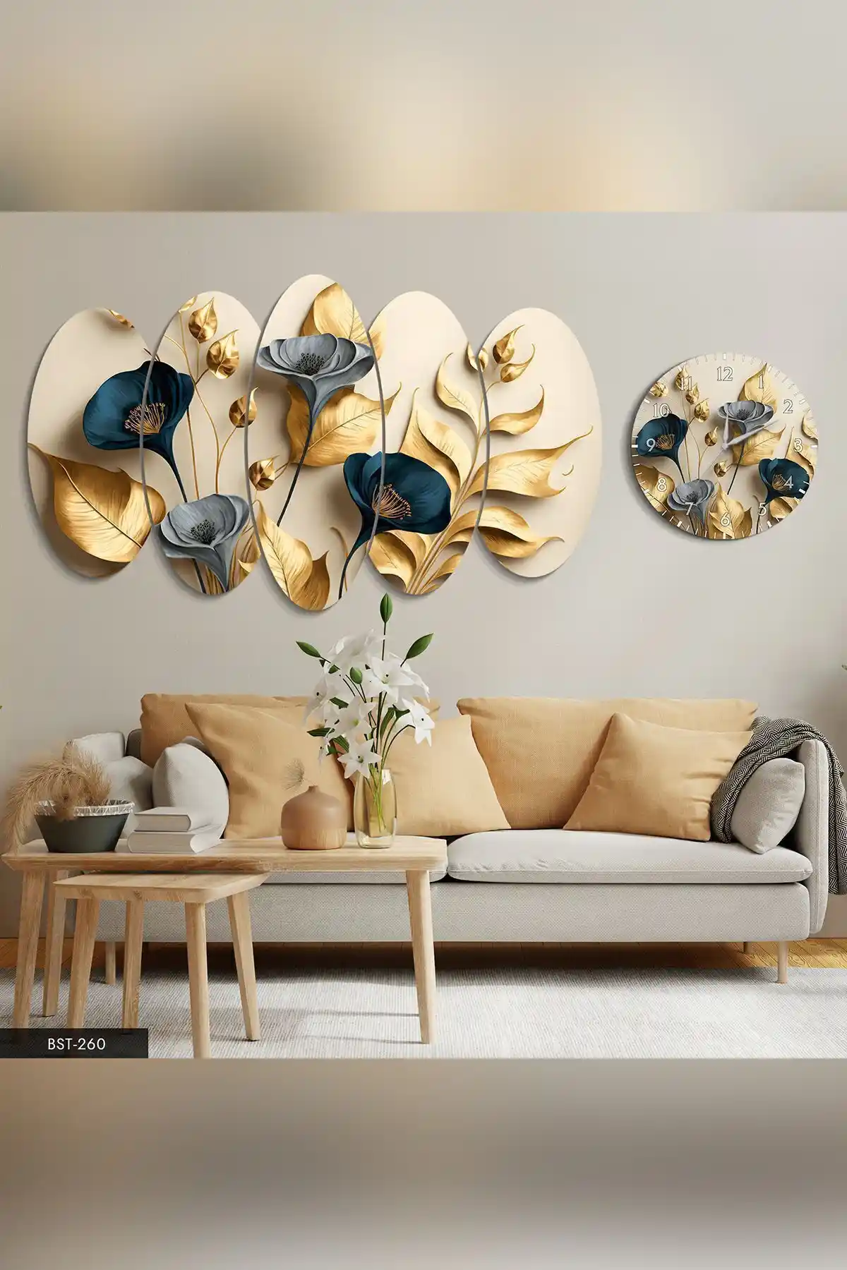 Evinemoda Zarif Altın ve Mavi Çiçekler ile Dallar 5 Parçalı MDF Tablo ve Saat Seti