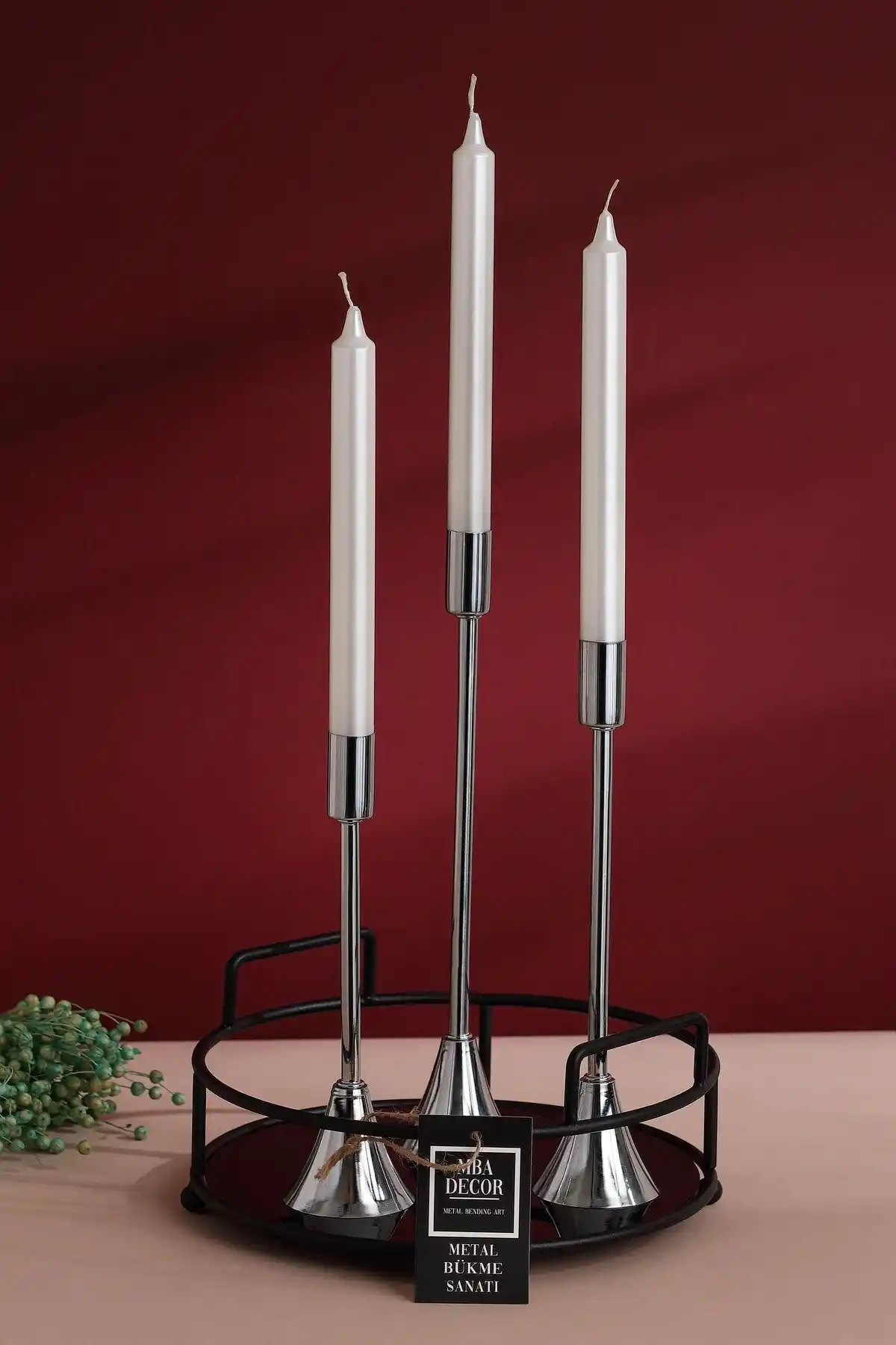 Genel Markalar 3'lü Topuklu Gümüş Şamdan Mumluk Dekoratif Ev Aksesuarı