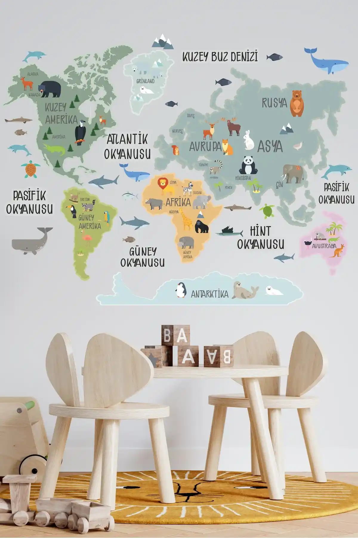 Grafikup Dünya Haritası Çocuk Odası Duvar Stickerı Eğitici ve Renkli Dekorasyon Seçeneği
