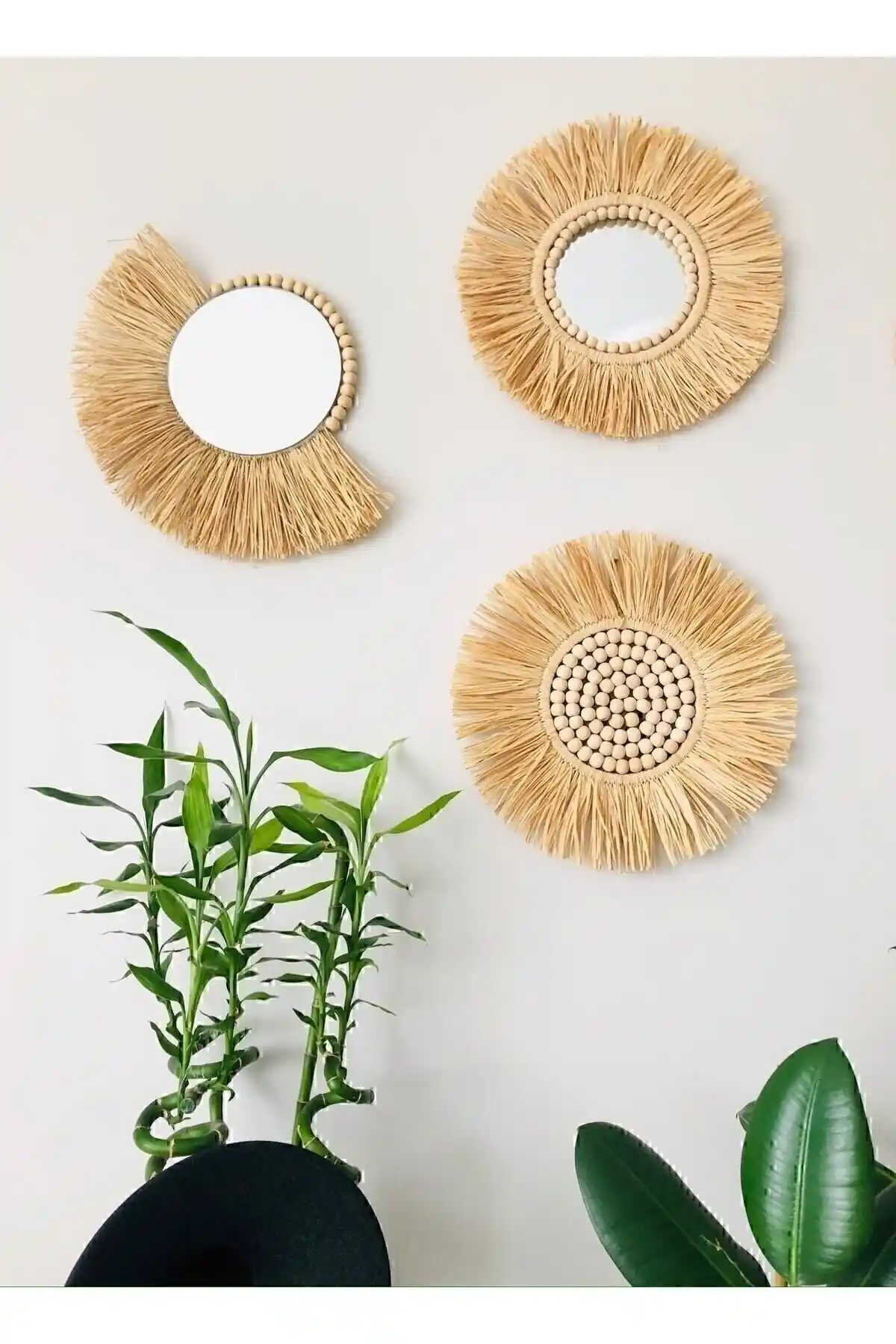 Hasır Dükkanı Bohem Üçlü Ayna Seti Modern ve Şık Dekorasyon İçin Uygun