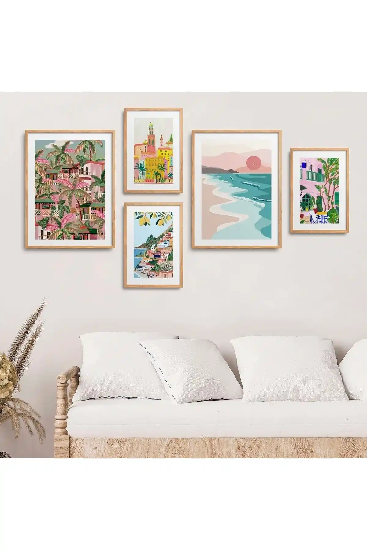 HOMEPACK Doğal Ahşap Çerçeveli 5'li Tablo Seti Ev Dekorasyonu İçin Modern ve Şık Tasarım