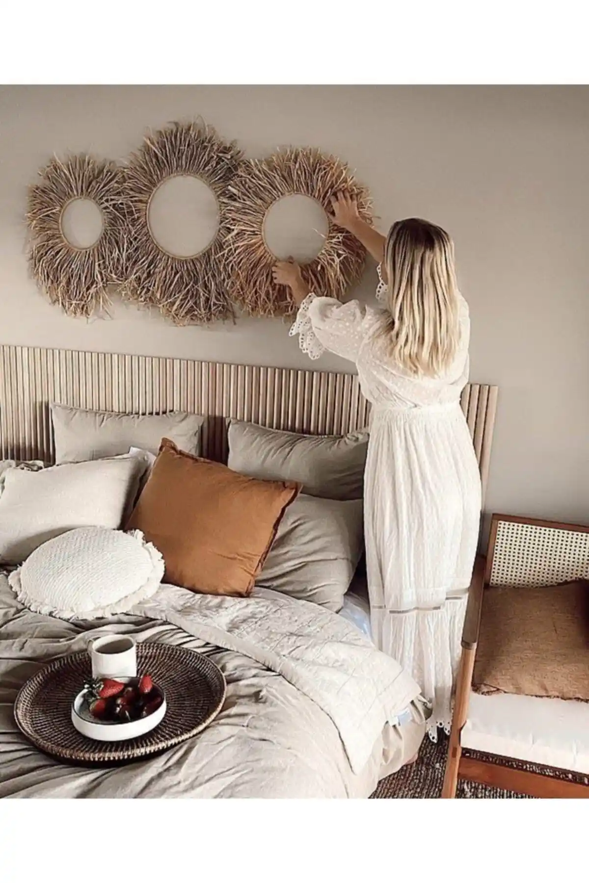 HOUSERİCH Bohem Ev Dekorasyonu Doğal Rafya El Yapımı Duvar Süsleri Üçlü Set