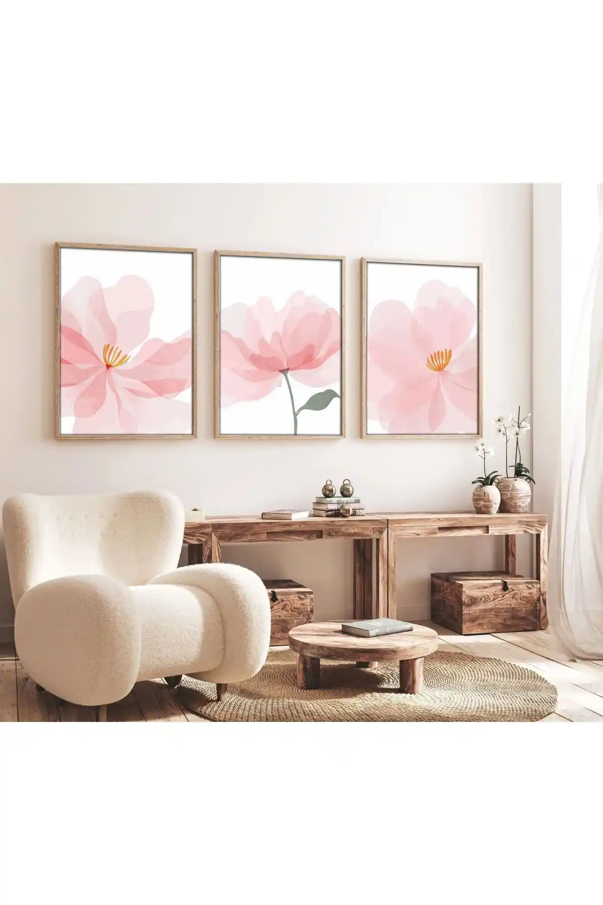 Huhuli Ahşap Çerçeveli Çiçek Tablo Seti Doğal ve Estetik Dekorasyon İçin Uygun