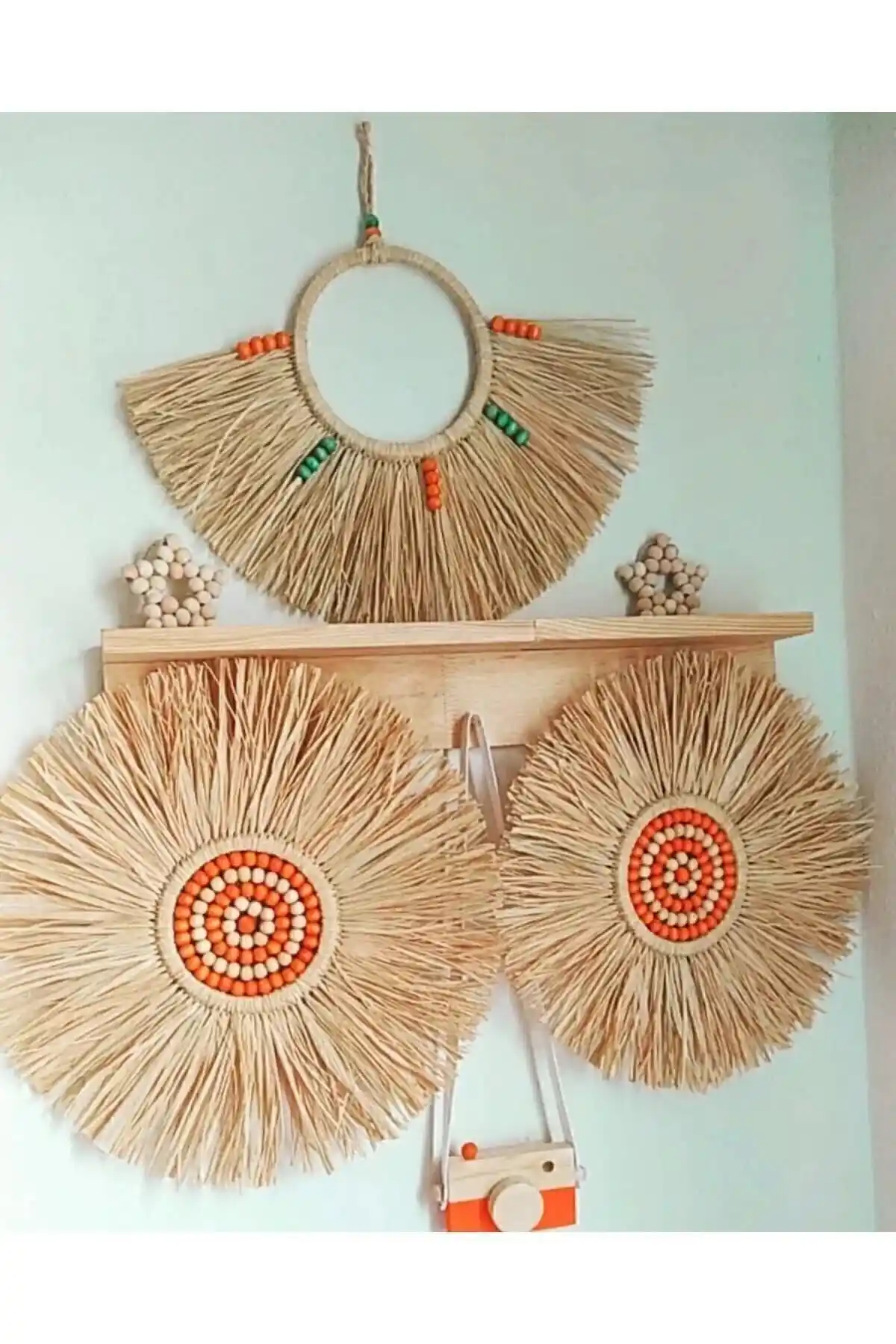 Kara.shome Rafya Bohem 3'lü Duvar Aksesuar Seti Modern ve El Yapımı Dekoratif Tasarım