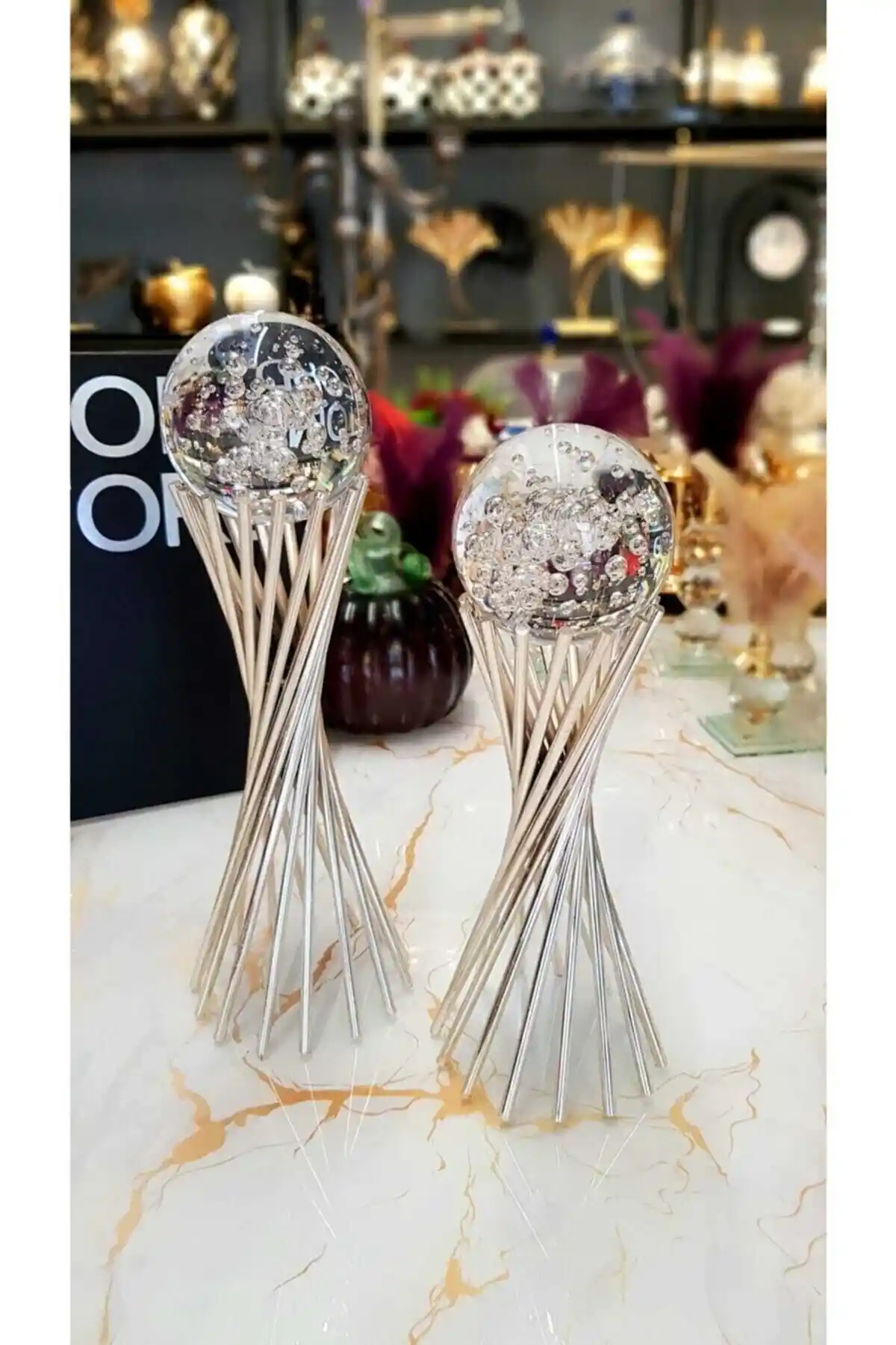 KIRAT HOME DESIGN Dekoratif 2'li Hava Kabarcıklı Gümüş Küre Seti Modern Şıklık İçin