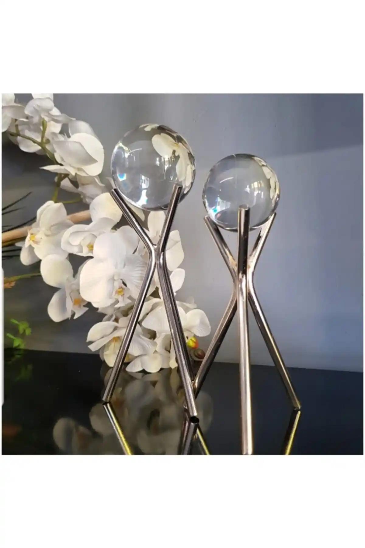 Kirat Home Design Gümüş Ayaklı Çapraz Küre Dekoratif Seti Modern ve Doğa Temalı Tasarım