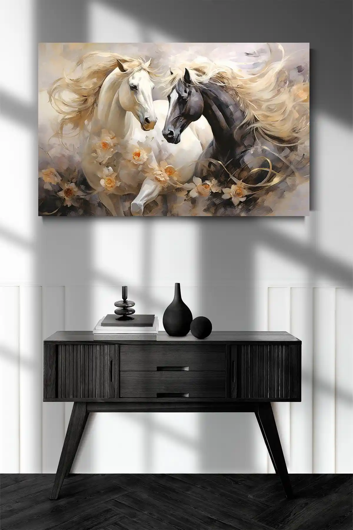 Mega Reyon Siyah Beyaz At Kanvas Tablo Modern Dekorasyon İçin Zarif Sanat Eseri