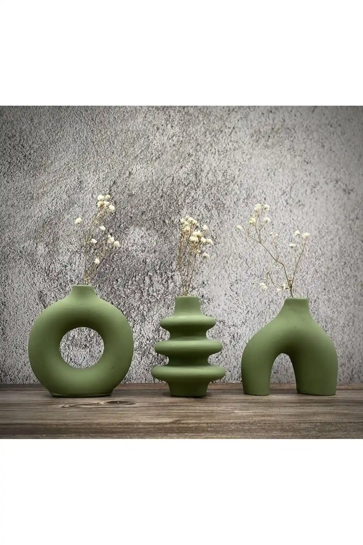 Minimal Vazo Seti 3'lü Beton Yeşil Modern Dekorasyon Aksesuarı