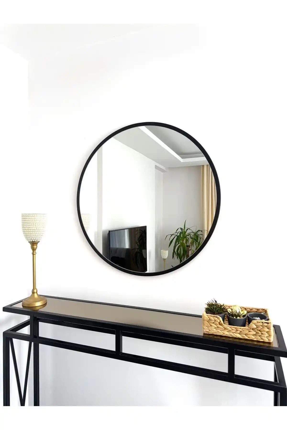 Modern Siyah Metal Çerçeveli 70 Cm Yuvarlak Ayna Ev ve Ofis Dekorasyonu İçin