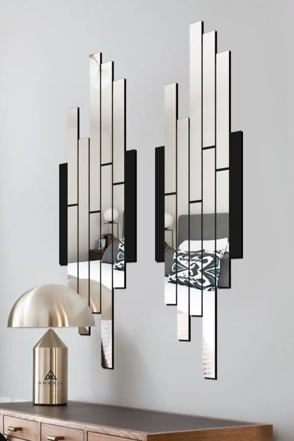 Modern ve Şık MDF Üzeri Aynalı Pleksi Asimetrik Tablo Siyah Gümüş İkili Set