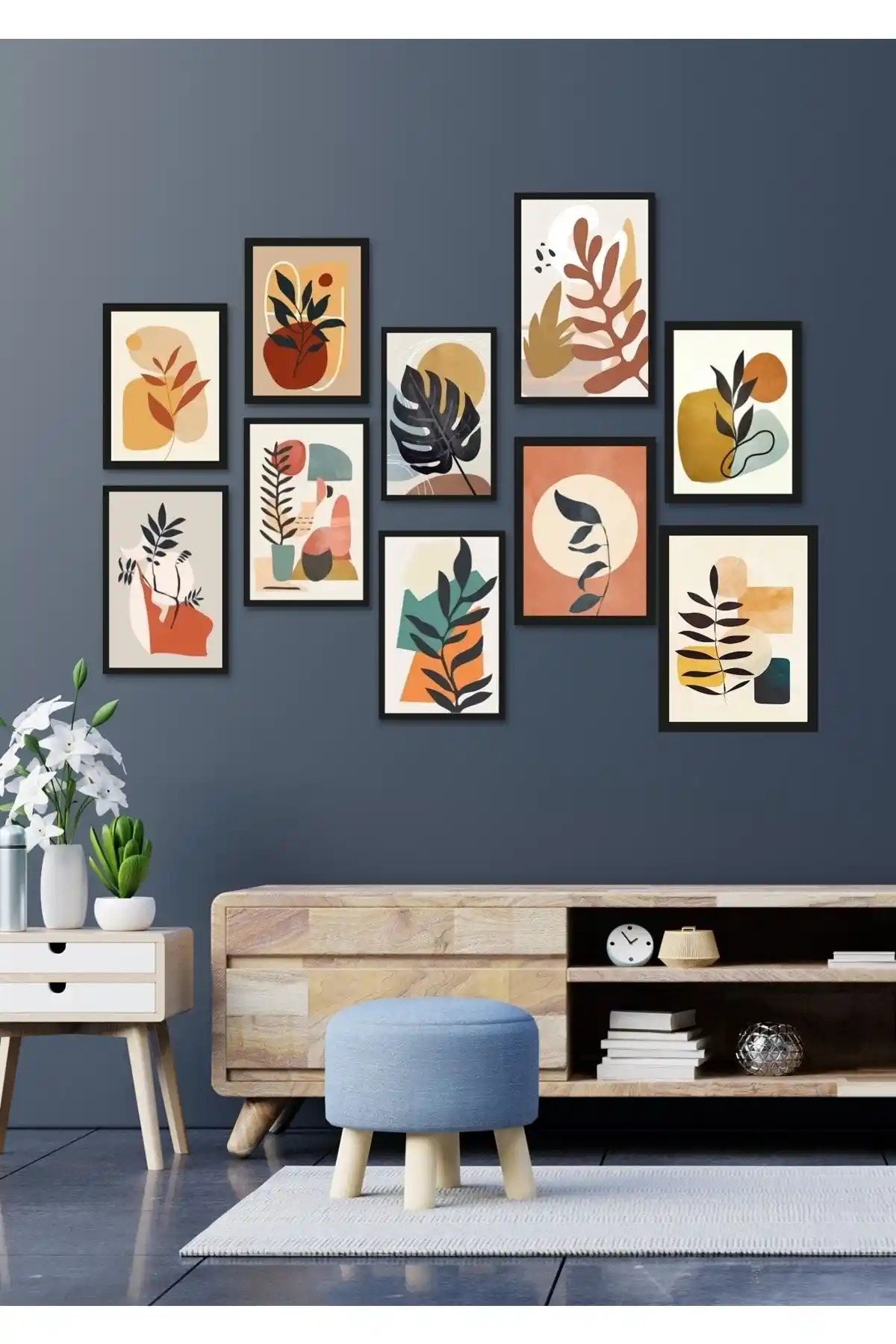 NT Handmade 10'lu Siyah Çerçeve Görünümlü Bohem Yapraklar Duvar Dekoru