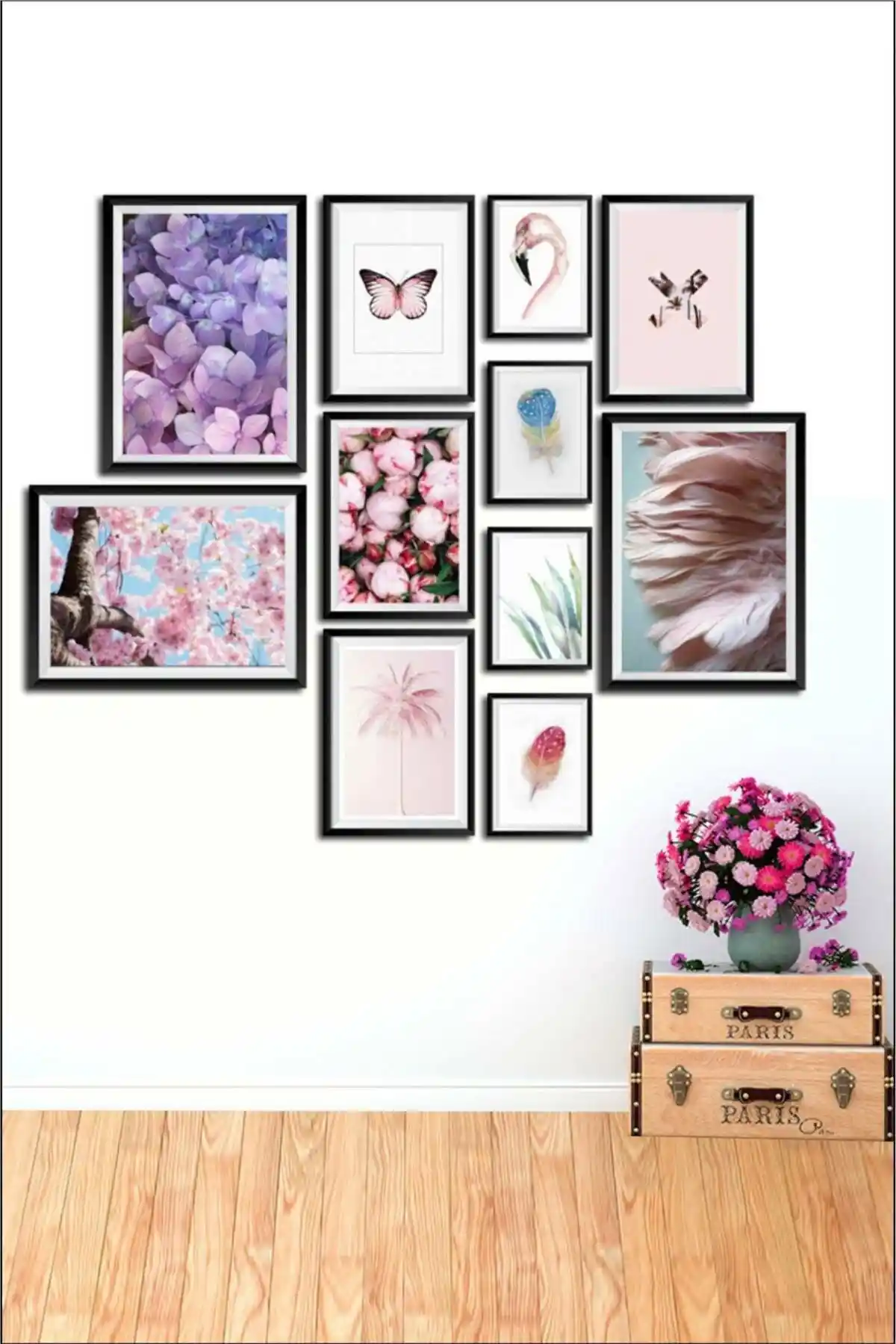 NT Handmade 11 Parça Ahşap Tablo Seti Mor Pembe Çiçekler Dekoratif Duvar Sanatı