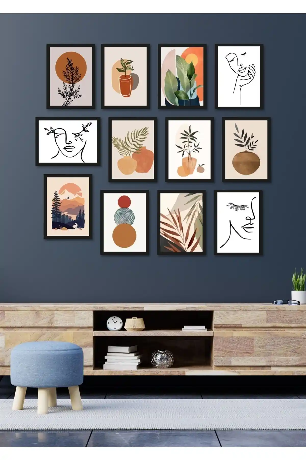 NT Handmade 12'li Siyah Çerçeve Görünümlü Bohem Yüzler Duvar Dekoru Seti