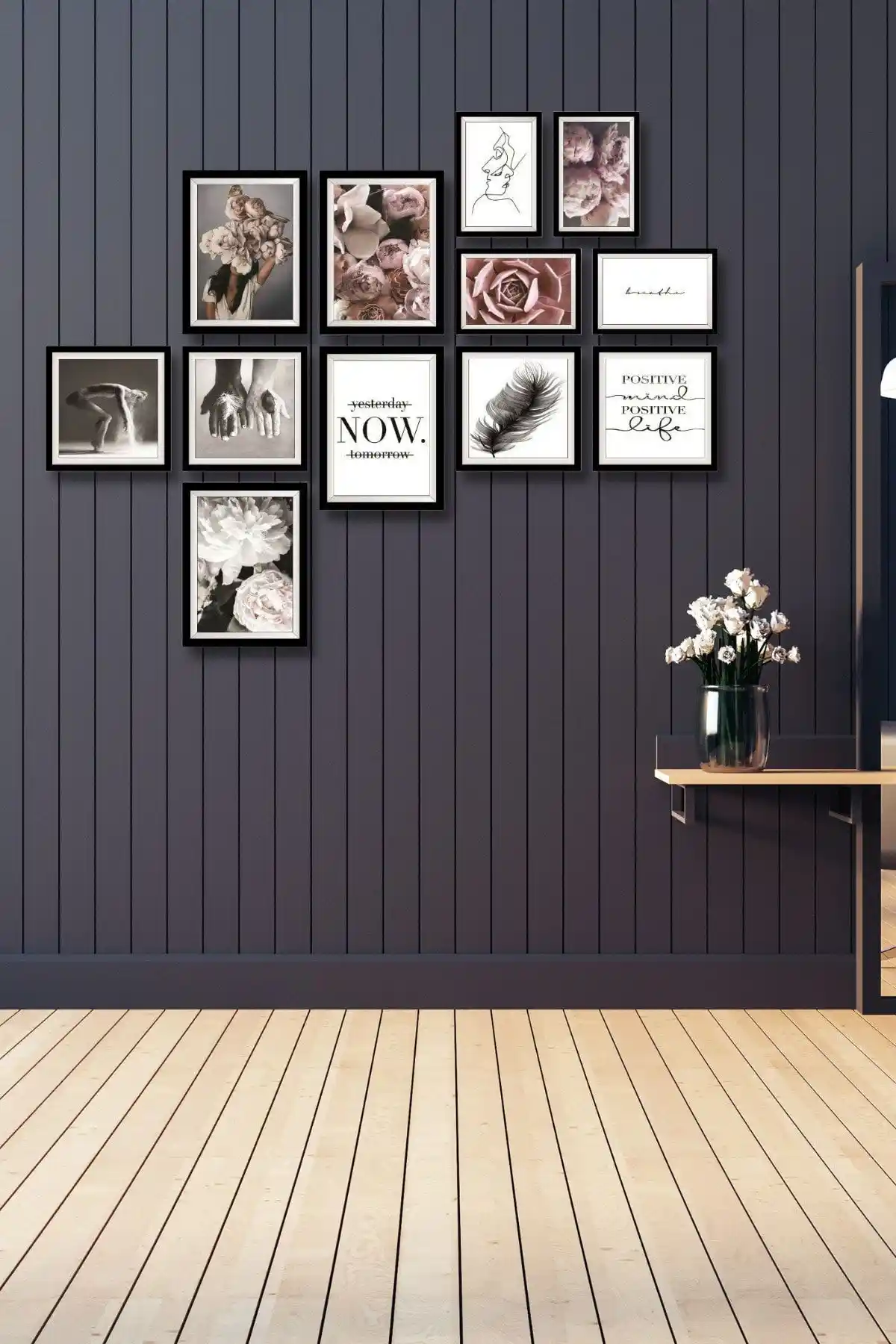 NT Handmade 12 Parça Ahşap Tablo Seti Pembe Güller Teması Modern Dekorasyon